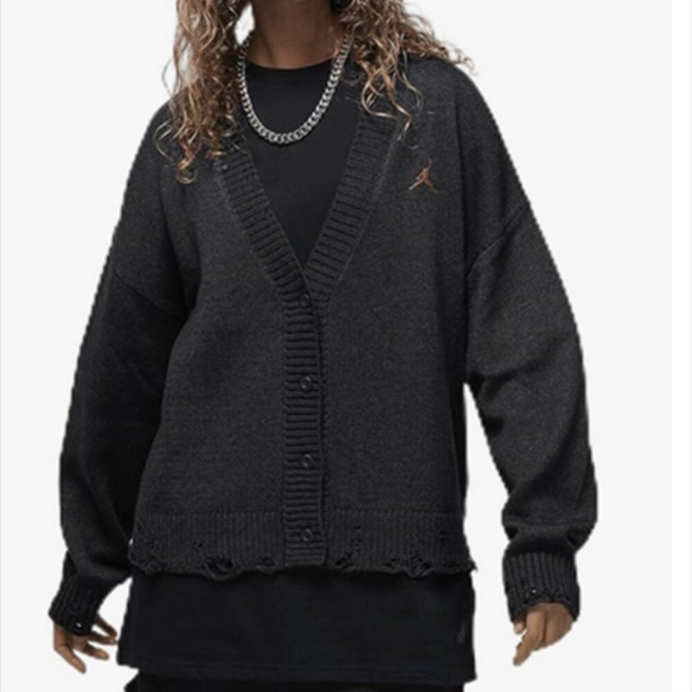 Nike Air Jordan Women's Distressed Knit Cardigan Sweater Black S
